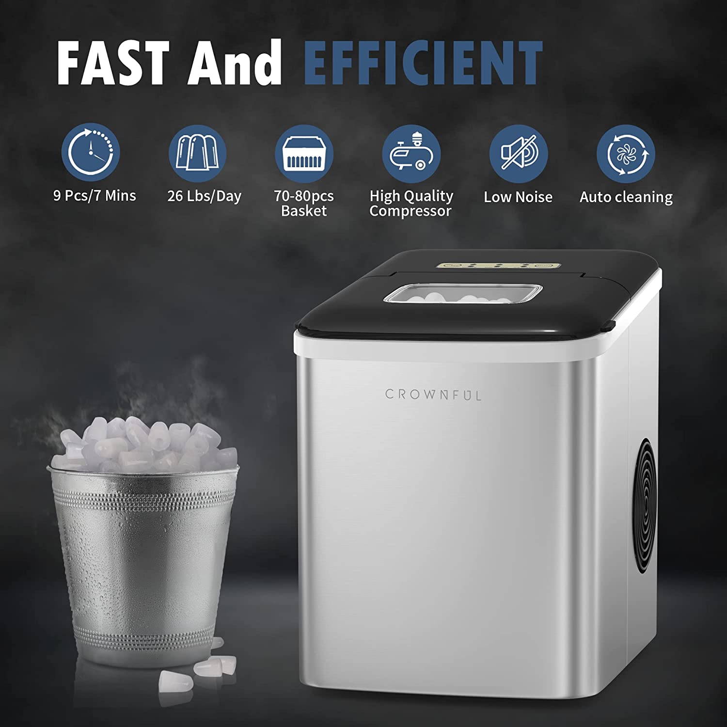 Crownful Portable Electric Home Ice Maker Machine, 26lbs/24H Ice