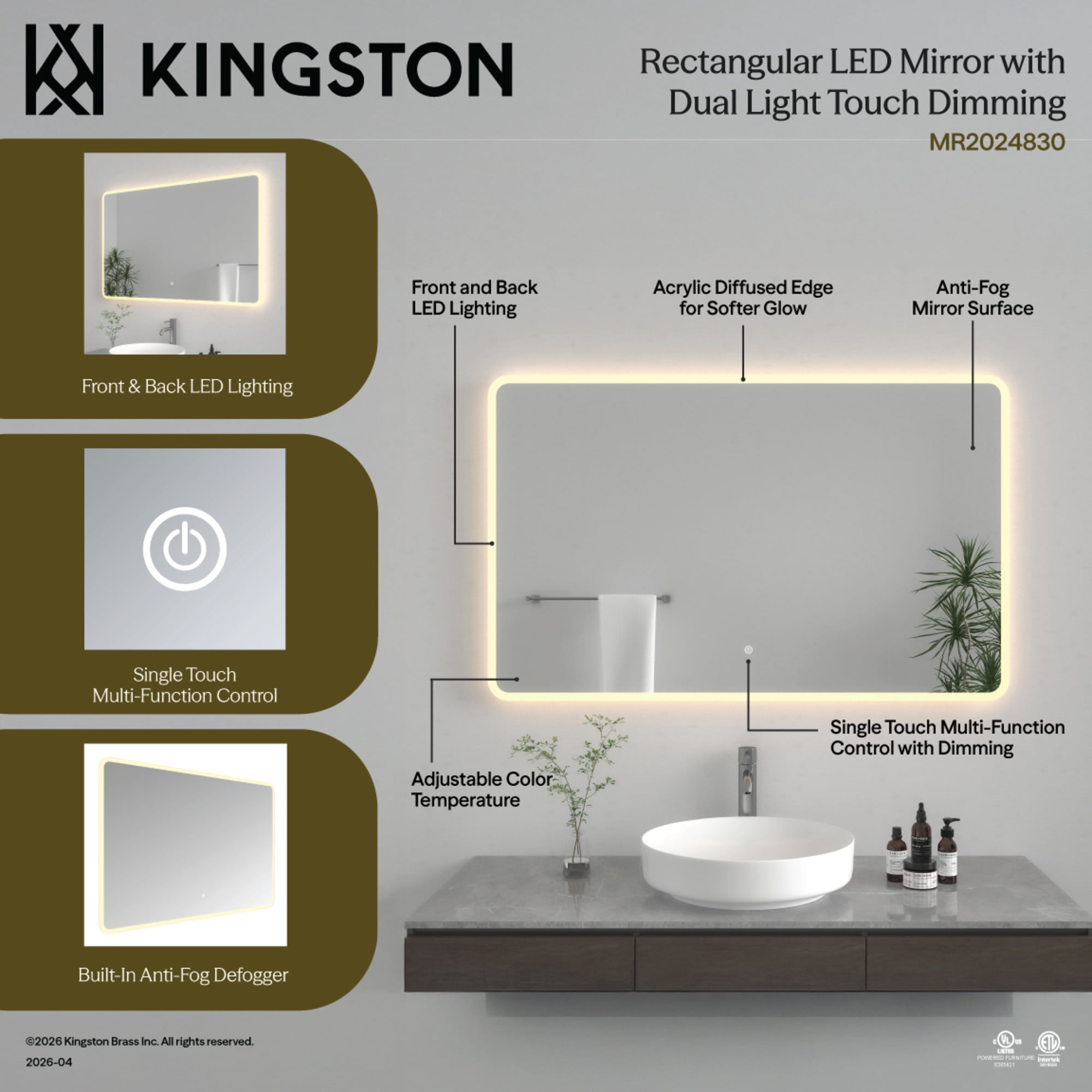 Kingston Brass MR2024830 Aurora 30-Inch x 48-Inch LED Bathroom Mirror, Front and Back Light, Anti-Fog, Dimmable Touch Sensor Lighted Mirror in Silver