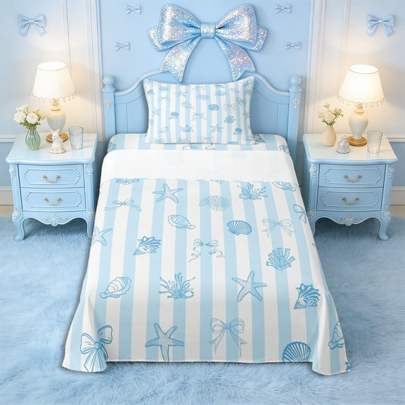 Erosebridal Girls Blue Ribbon Bow Twin Sheet Sets 3pcs,Ocean Seashell Starfish Bedding for Teens Women,Ultra Soft Home Decor