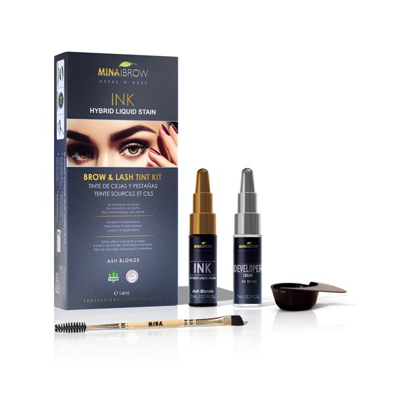 MinaiBrow INK Hybrid Liquid Tint for Brow & Lashes Ash Blonde |Long Lasting Spot Coloring for Brow & lash |Instant Brow Hair Dye Tint Kit | 100% Gray Coverage - up to 14 Applications - 14ml