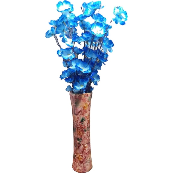 India Meets India Handmade Wooden Flower Vase w/ 7 Light Blue Artificial Flowers Sticks [12" Pink Vase] Decorative Flower Vase for Home Décor/Living Room/Office/Table Top/Dining/Windowsill Décor