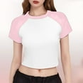 thumbnail image 2 of FRSASU Womens Summer Short Sleeve T Shirts Slim Fitted Raglan Color Block Crop Tops Basic Casual Stretchy Tee Pink, 2 of 3