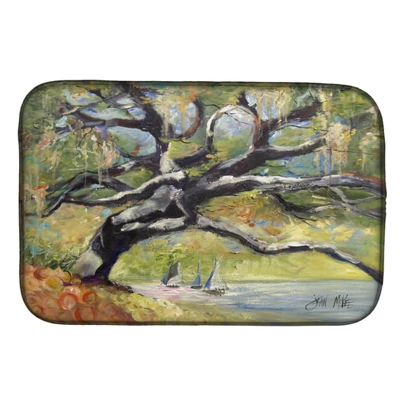 Oak Tree on the Bay with Sailboats Dish Drying Mat