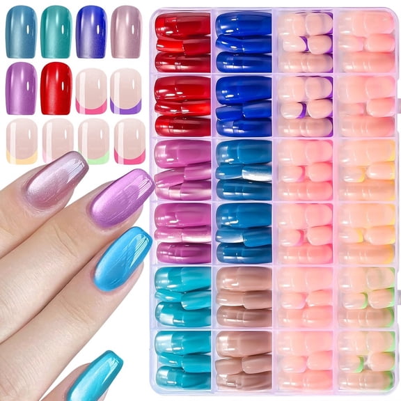 288 PCS Short Squoval Press on Nails Kit, 12 Colors Fake Nails Including Cat Eye & French Tip Styles, Reusable False Nails with Glue & Nail Files, Glossy Press on Nails for Women & Girl