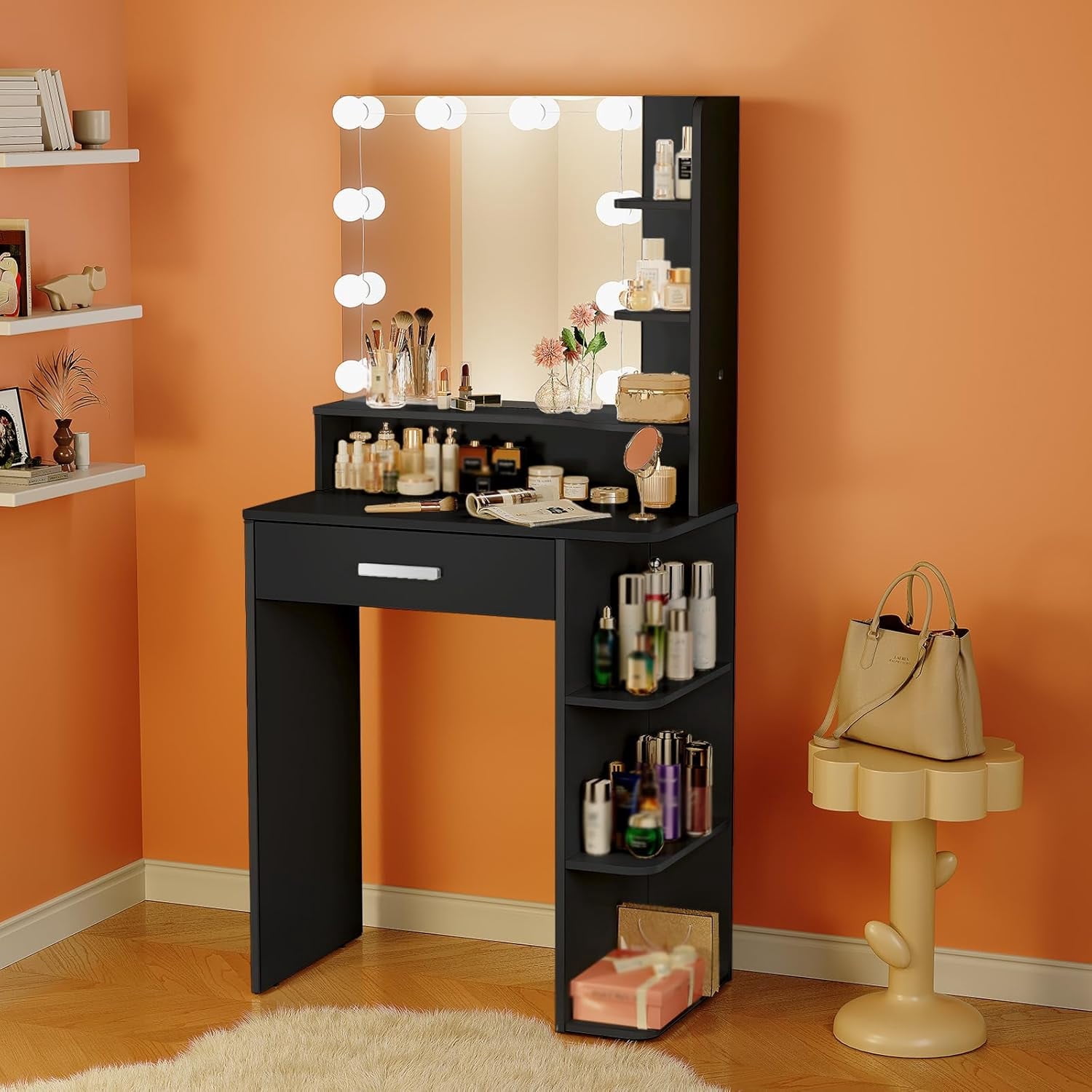 Vanity Desk with Mirror and Lights, Akaber 26.4" Makeup Vanity with Large Drawer, 6 Storage Levels, Small Black Vanity Desk with Large LED Mirror