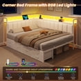 thumbnail image 3 of Corner Bed Frame Queen Size with 6 Storage Drawers, Charging Station & RGB Led Lights, Metal Daybed with Upholstered Guardrail and Storage Shelves, Queen Platform Bed Frame for Teens/Adult, White, 3 of 6