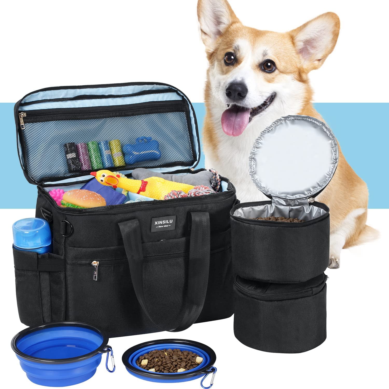 QueenDream Dog Travel Bag Organizer for Accessories, 2 Travel Dog Bowls