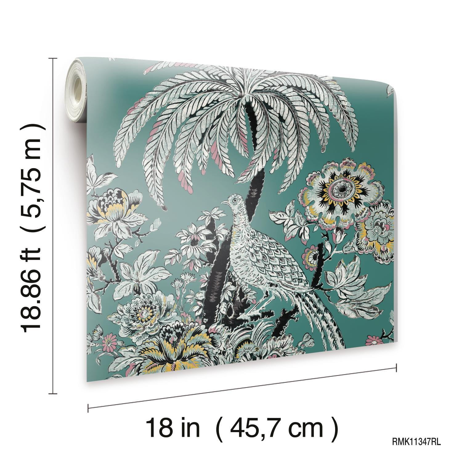 Drew Barrymore Flower Home Tropical Toile Peel and Stick Wallpaper, Teal, 18 in x 18.86 ft
