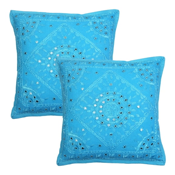 Stylo Culture Ethnic Sofa Throw Pillow Covers 16x16 Hand Embroidered Turquoise Boho 40 x 40 cm Home Decor Cotton Mirrored Square Cushion Covers | Set Of 2