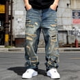 thumbnail image 2 of Reppunk Men's Ripped Distressed Straight Baggy Jeans Trousers Streetwear Menswear Plain Solid Color Casual Denim Pants, 2 of 9