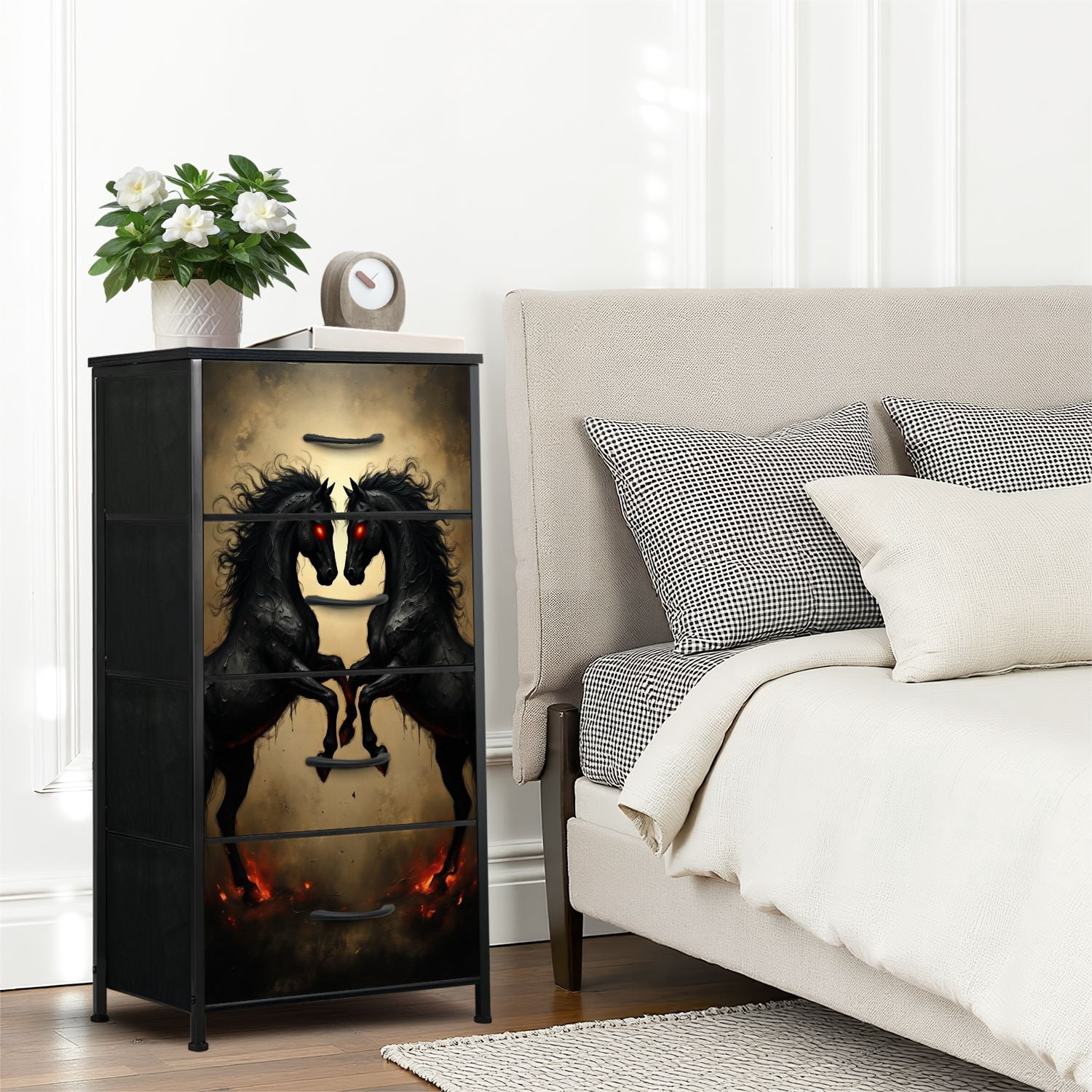 Gothic Dresser for Bedroom with 4 Storage Drawers Dark Fantasy Black Horses Fiery Accents Red Eyes Dressers Chest of Drawers Steel Framed Fabric Closet Organizers for Dorm Entryway