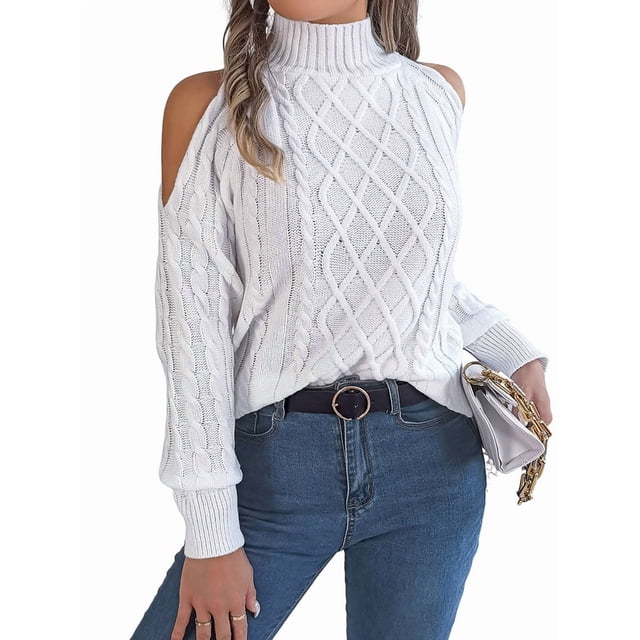 Womens Cold Shoulder Sweaters 2025 Fall Winter Long Sleeve Soft Chunky Cable Knit Pullovers Jumper Tops White L