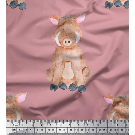 Soimoi Orange Crepe Silk Fabric Pig Animal Printed Craft Fabric by the Yard 42 Inch Wide