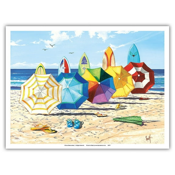 Brellas and Boards - Beach Umbrellas & Surfboards - From an Original Color Painting by Scott Westmoreland - Master Art Print (Unframed) 9in x 12in