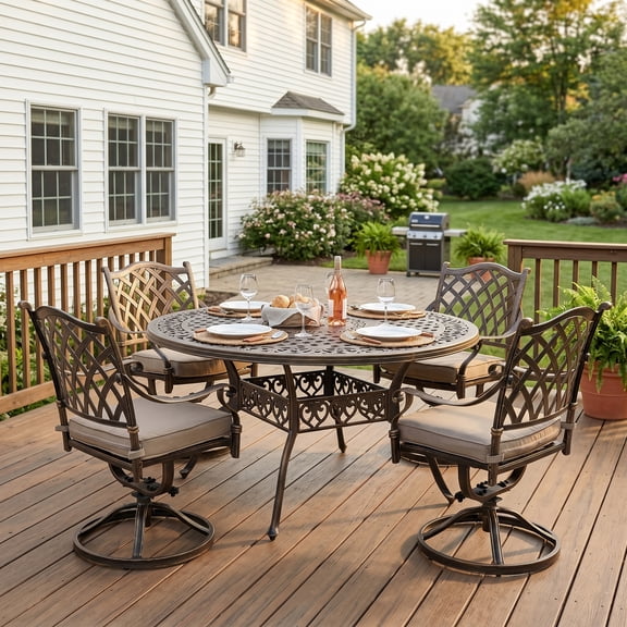 5-Piece Cast Aluminum Patio Furniture, Patio Dining Set for 4 Include 54" Round Outdoor Dining Table and 4 Swivel Chairs with Cushions & Umbrella Hole (Bronze)