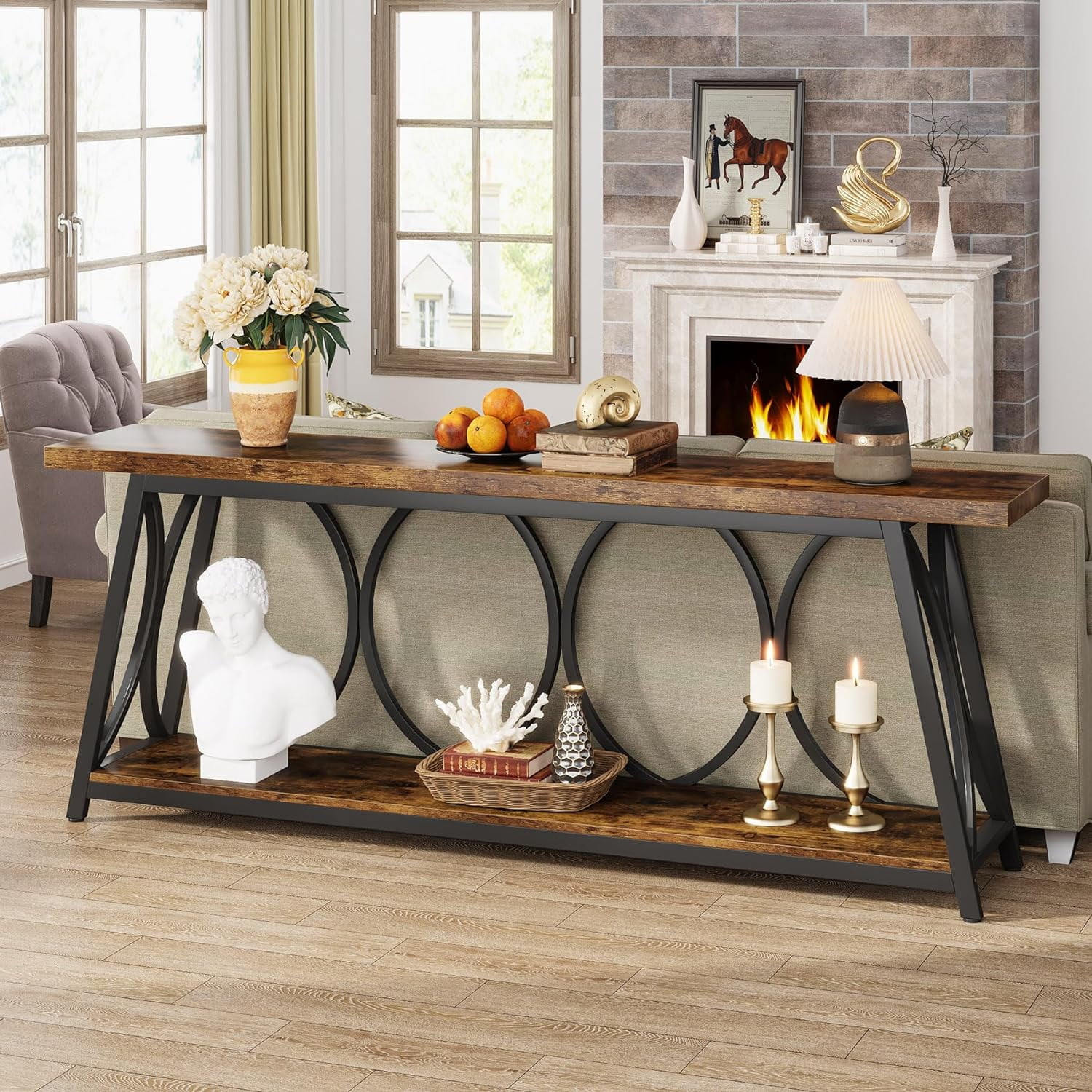 Tribesigns 70.9" Extra Long Console Table, Industrial Wood Narrow Sofa Table for Entryway, Brown
