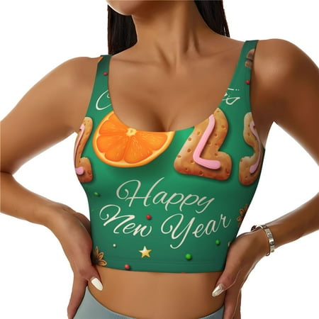 Adobk Merry Christmas 2025 Print Sports Bras for Women Longline Workout Crop Tank Tops Padded with Built in Shelf Padded Sports Bra-Medium