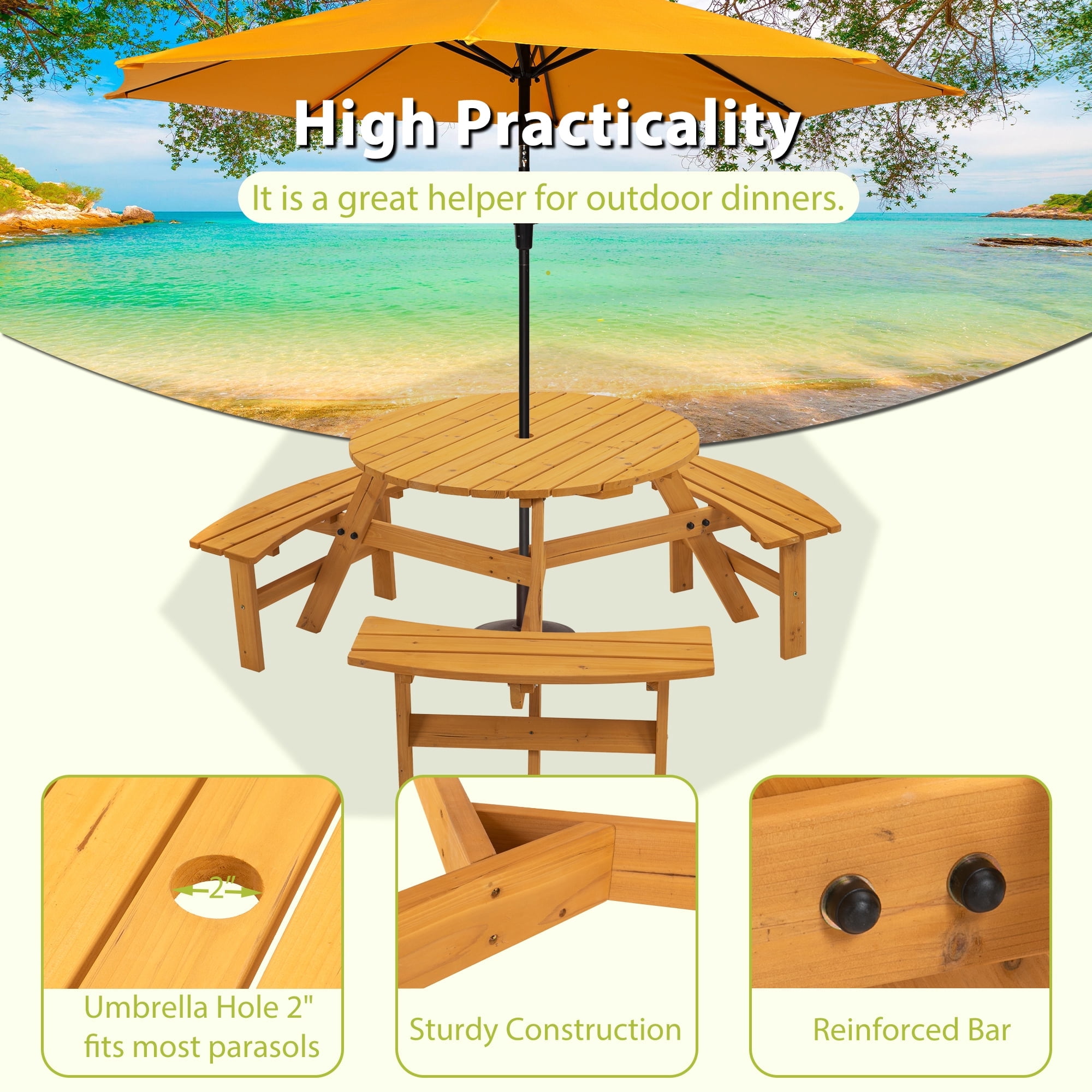 6-Person Circular Outdoor Wooden Picnic Table w/ 3 Built-in Benches for Patio,Backyard,Garden-Natural
