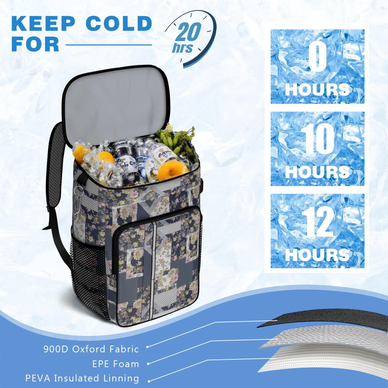 Travel Cooler Bag - Pioneer Flower Camping Beer Cooler Backpack with Bottle Opener- Waterproof Insulated Picnic Backpacks - Cooler Bag for Beach