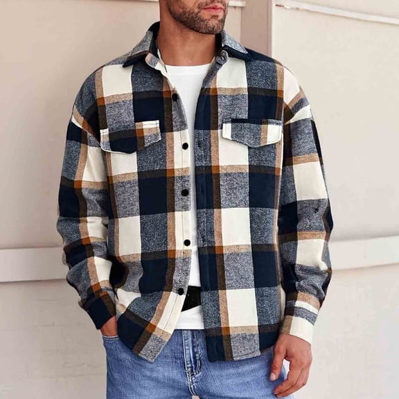 Handshe Men's Plaid Flannel Shirt, Loose Fit with Button Front and Lapel Collar, Long Sleeve for Casual Everyday Wear