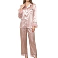 thumbnail image 2 of sdhkgrrt Women's 2 Piece Matching Pajama Set Collared Long Sleeve Shirt Long Pants Solid Casual Comfortable Lounge Set Fall Winter Tracksuit Clothing, Pink L, 2 of 7