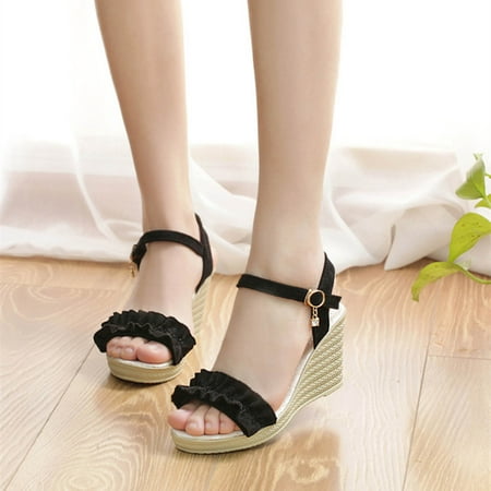 

HAOTAGS Women s Dressy Ankle Strap Sandals Fish Mouth Wedge Casual Summer Shoes Black Size 8.5