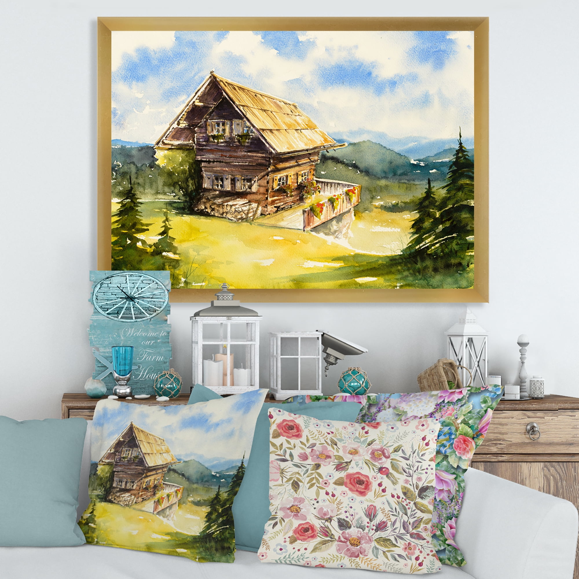 Designart 'Old Cottage At Summer With Peaceful Landscape' Traditional Framed Art Print