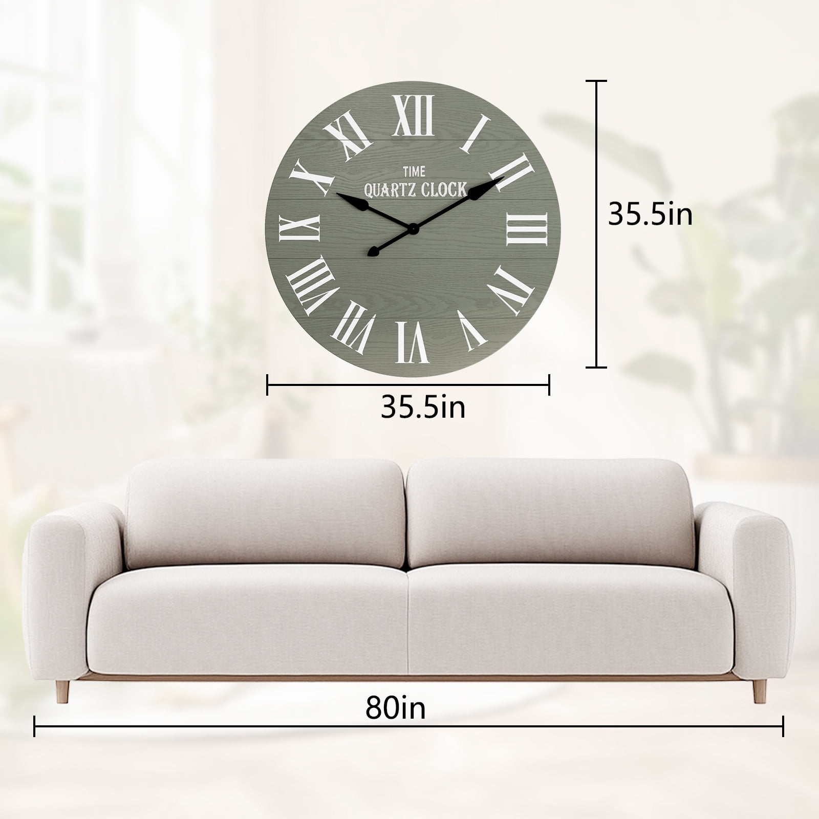 HLR 35.5” Farmhouse Large Shiplap Round Wall Clock with Roman Numeral for Living Room Decor, Green