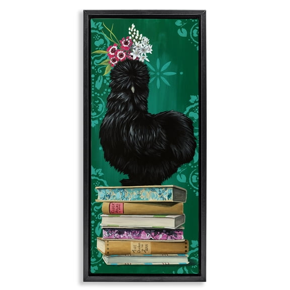 Stupell Industries Country Chicken on Bookstack Animals Painting Black Floater Framed Canvas Art Print Wall Art, 11 x 25
