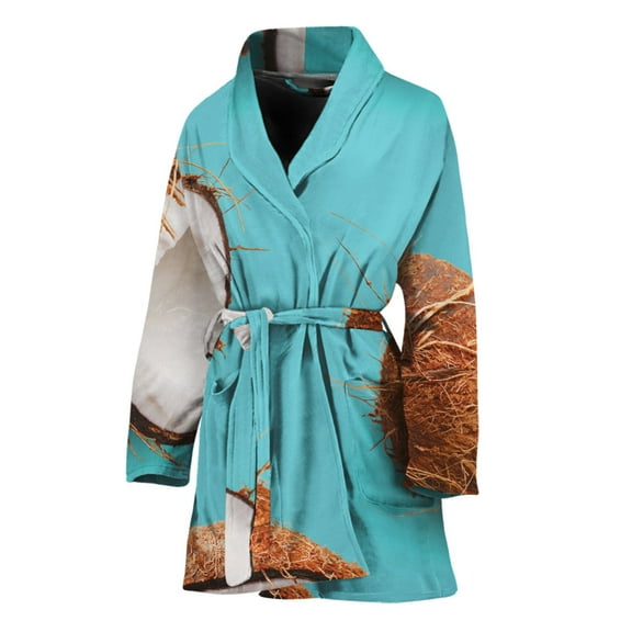 Blue Coconut Pattern Women Bathrobe One Size Univeral Fits, Coconut Fruits Tropical Hawaiian Fashion Lightweight Plush Fleece Long Robe For Women