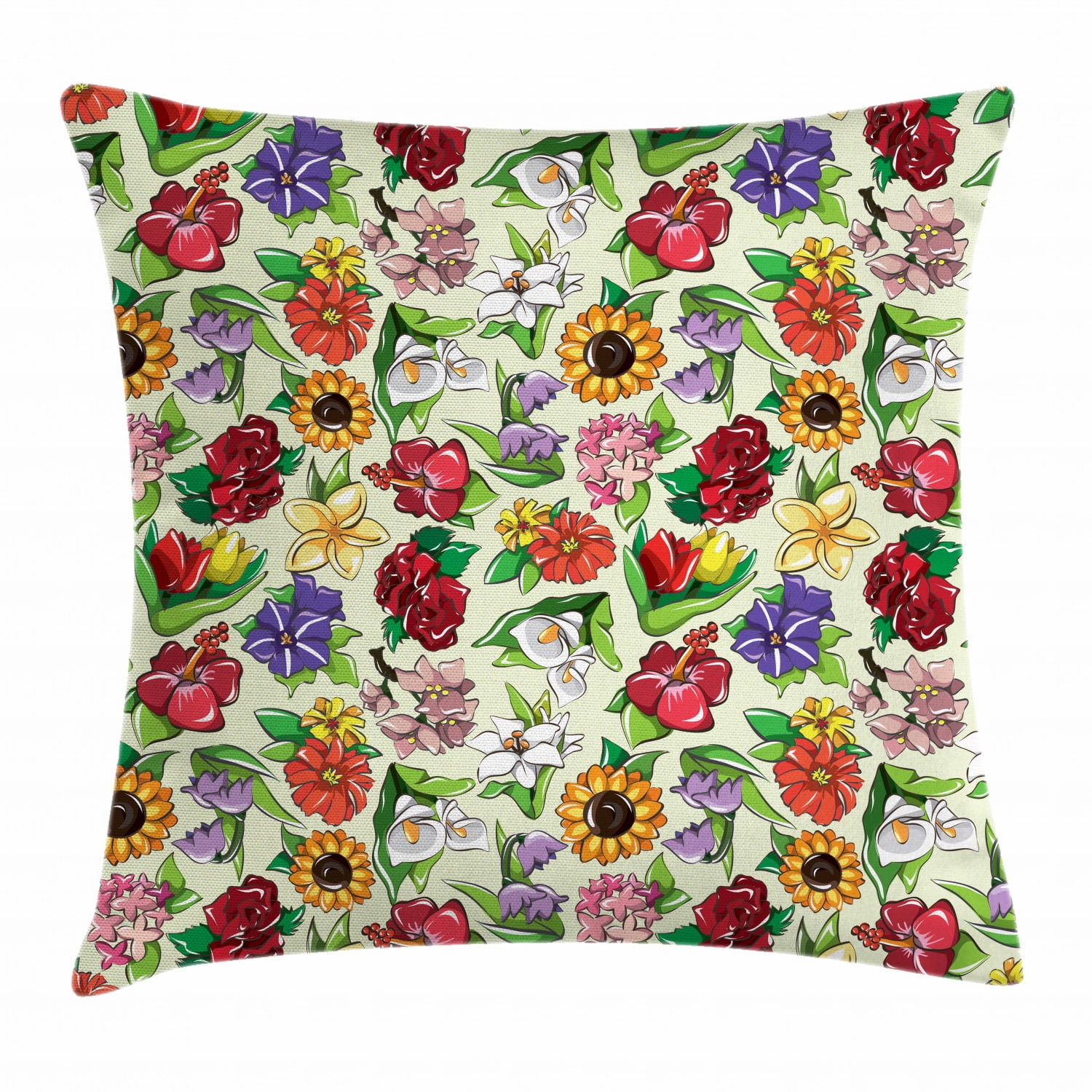Floral Throw Pillow Cushion Cover, Vibrant Colored Print of Rousing