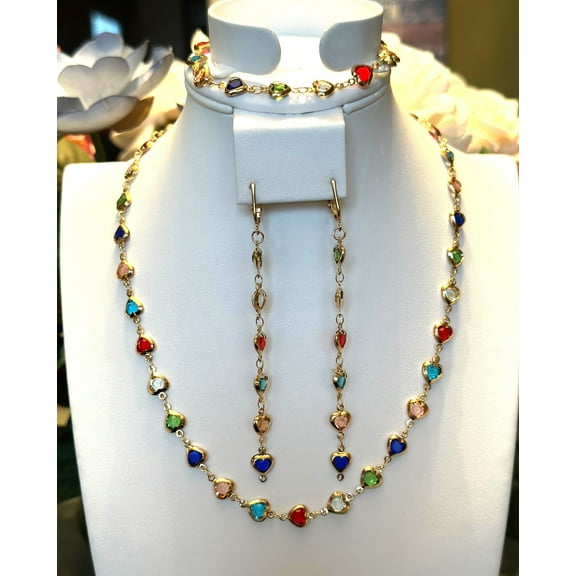 3PC-Gold and multi colored stone heart necklace, bracelet, and earring set