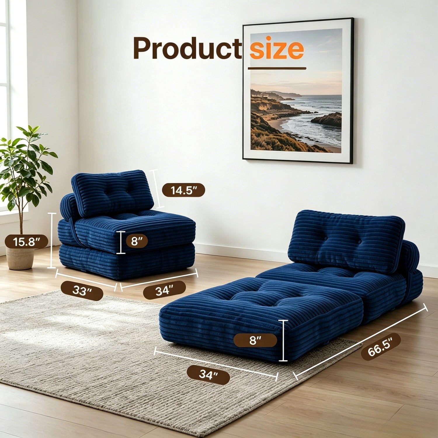 Folding Sofa Bed, Convertible Sleeper Chair with Pillow, Foldable Floor Couch Bed with Back Support, Portable Lounge for Living Room Bedroom, Navy