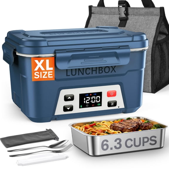 Teetheory Cordless Electric Heated Lunch Box for Adults, 6.3 Cup Heating Food Warmer with 27000mAh Rechargeable Battery, Scheduled Heating, Memory Function, Utensils and Insulated Bag, Blue