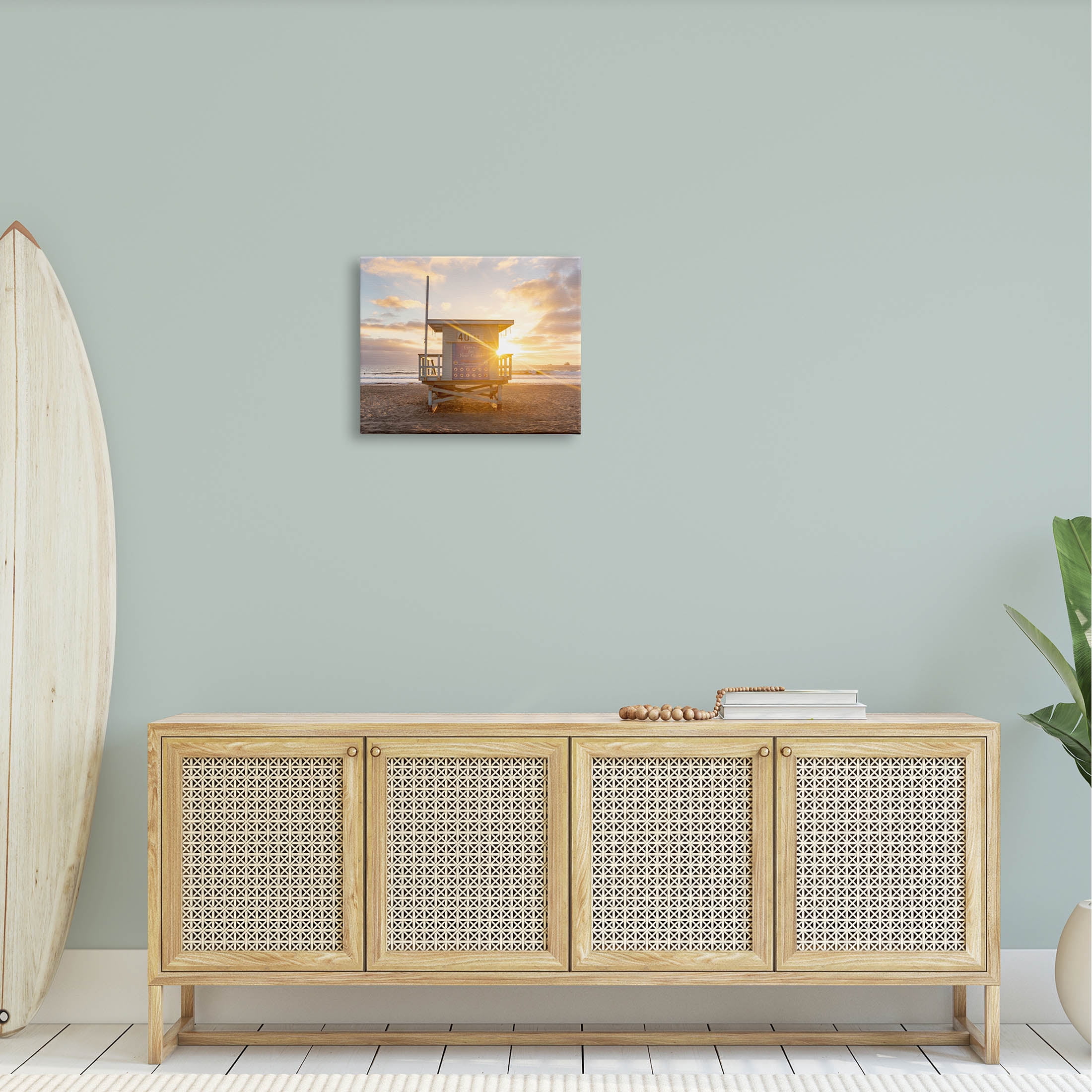 Beach Hut Sunset Flare Coastal Photograph Gallery Wrapped Canvas Print Wall Art