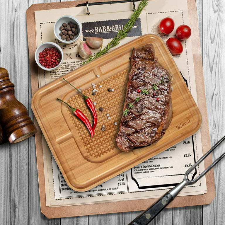 Entcook Bamboo Wood Butcher Block, Steak Carving Board, Meat Cutting Board  with Juice Groove