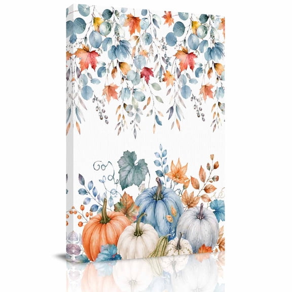 Canvas Wall Art, Thanksgiving Fall Framed Canvas Prints for Living Room Dining Room, Autumn Eucalyptus Leaves Blue Pumpkins Extra Large Gallery Wrapped Wall Decor for Home Office, Gifts, 22"x28"