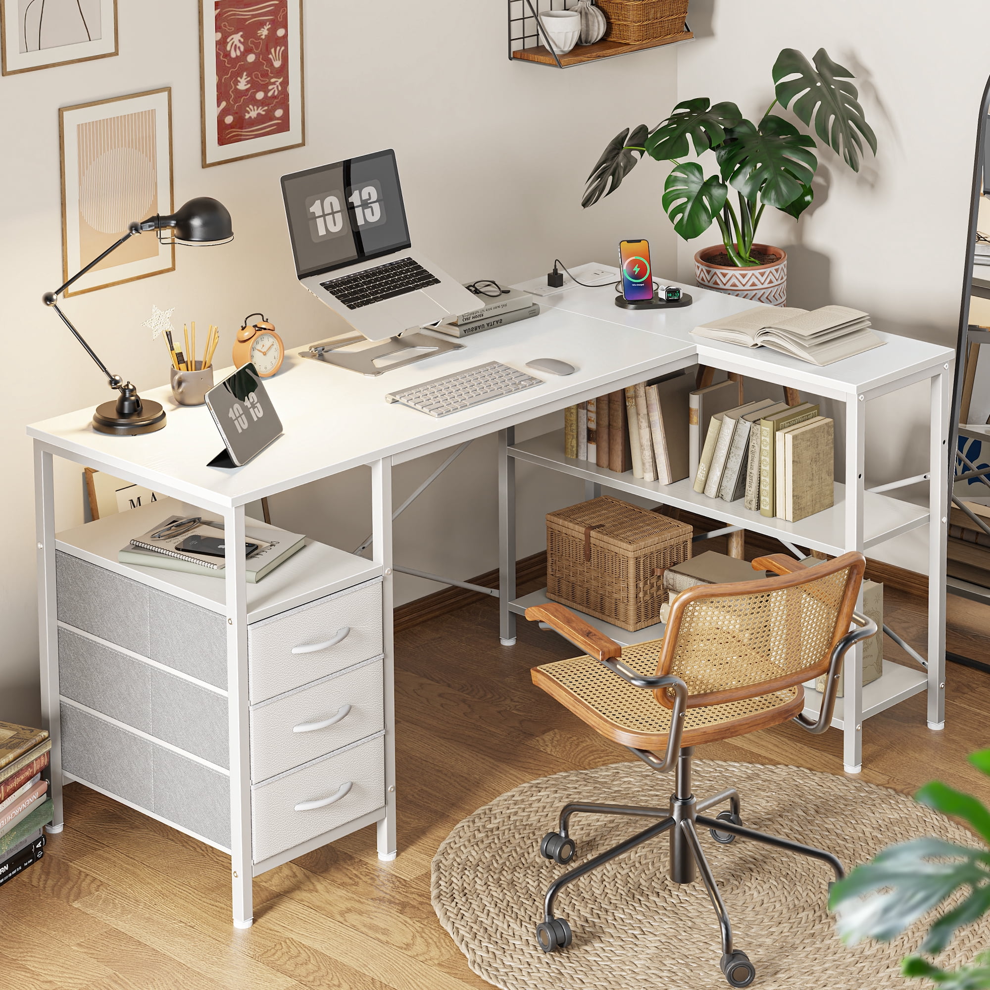 47 Inch L Shaped Office Desk with Power Outlets, Computer Desk with Drawers, Corner Desk for Home Office