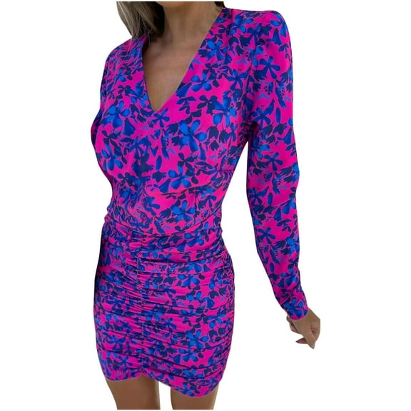 OAVQHLG3B Ruched Bodycon Dresses for Women Party Night Sexy Mini Long Sleeve Floral V-neck Casual Cocktail Evening Gown Dresses
