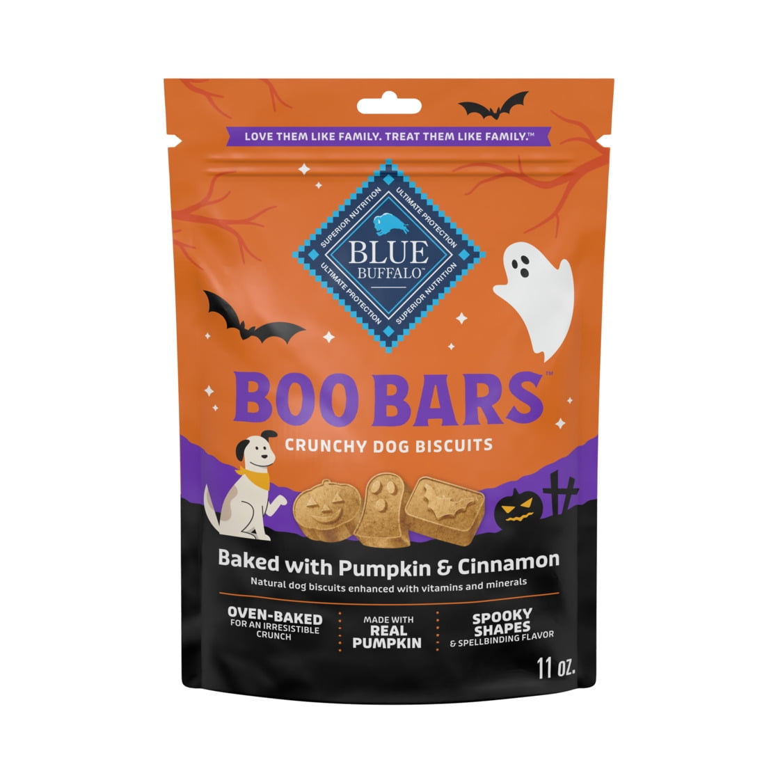 (3 pack) Blue Buffalo Boo Bars Crunchy Halloween Dog Biscuits Pumpkin & Cinnamon Recipe 11-oz Bag