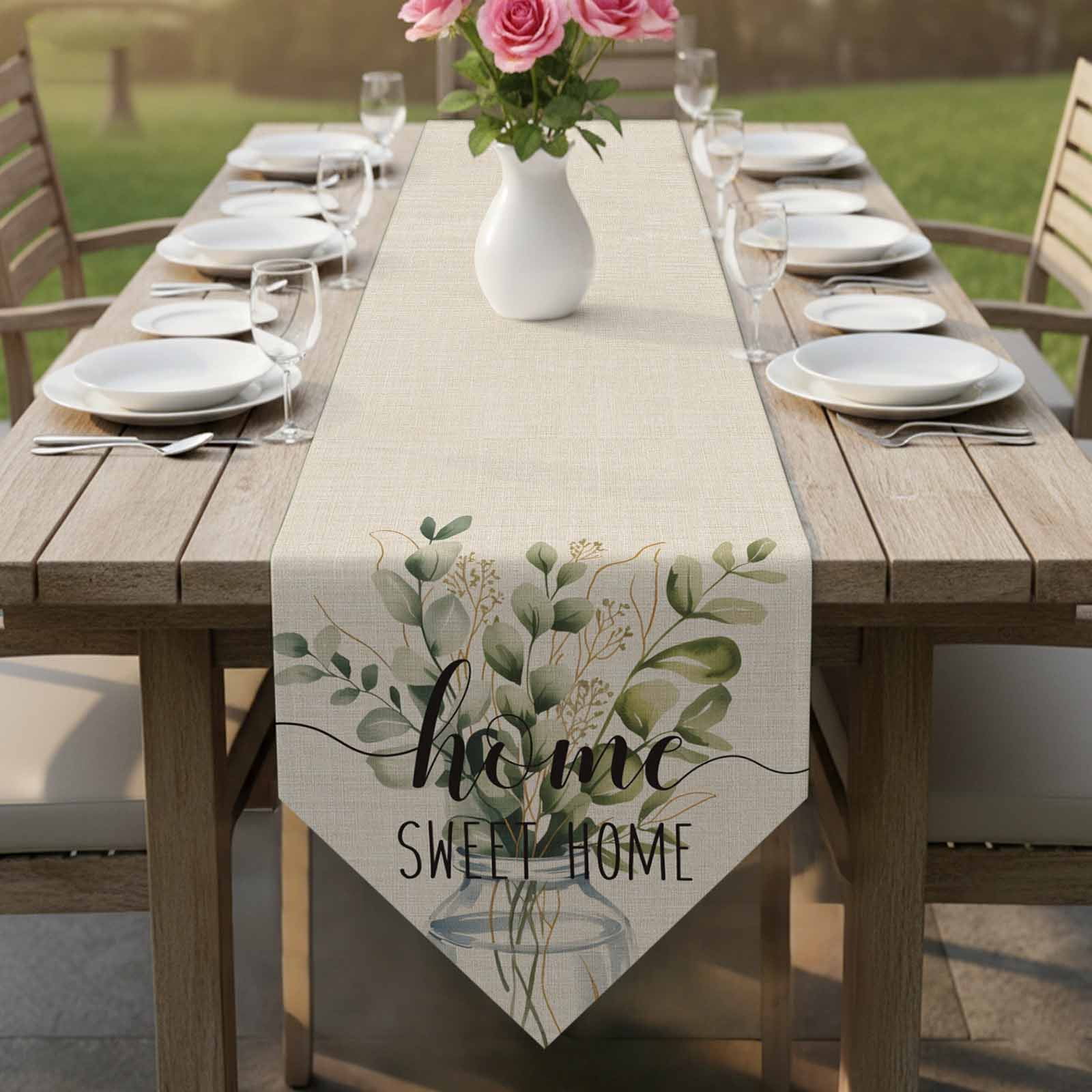 Spring Eucalyptus Leaves Table Runner Linen Burlap Table Runner 72 Inches Long Farmhouse Vintage Botanical Dresser Scarves for Kitchen Island Coffee Dining Room Party Wedding Holiday Decor 16"x72"