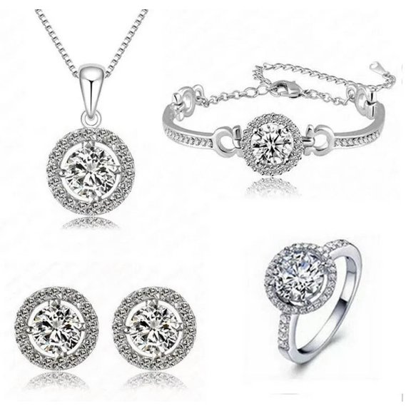HOOUN 925 Silver Plated Shinny Gem Necklace Earring Ring Bracelet Party Jewellery Set