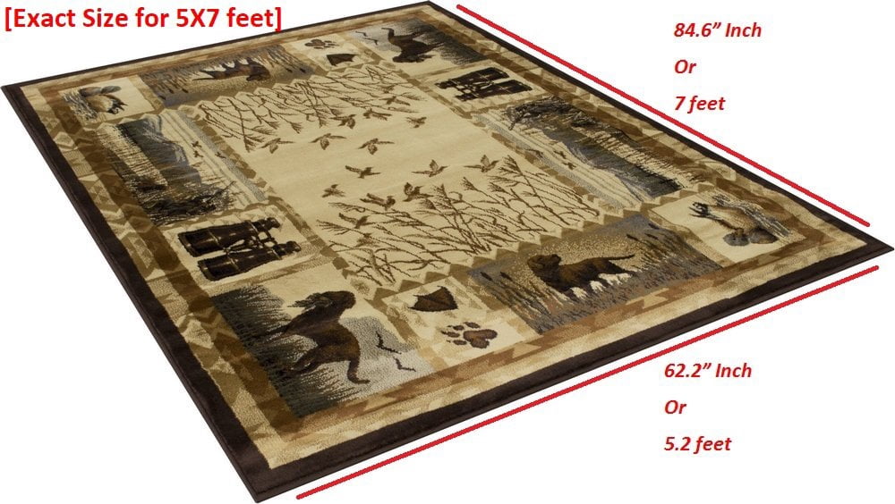 Lodge, Cabin Hunting Accent Area Rug - Modern Geometric Design Cabin Area Rug - Abstract, Multicolor Design- Hunting Dogs/Duck/Magnifier