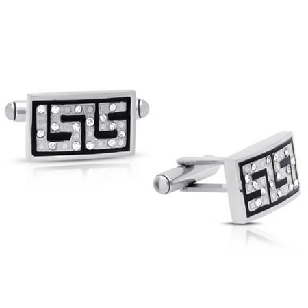 Gravity Gemeni Stainless Steel Crystal and Black Enamel Greek Key Cuff Links