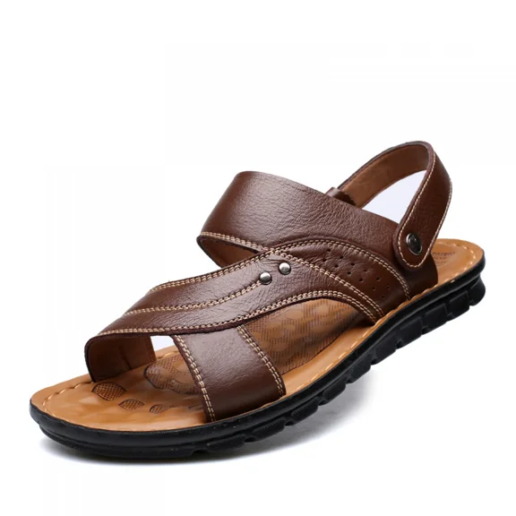Mens Flat Sandal Summer Comfortable Leather Open-Toe Sandal Beach Walking Shoes for Outdoors Slippers
