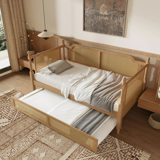 MODERNLUXE Rattan Taille Simple Daybed avec Lit Gigogne Taille Simple, Cadre de Lit Plateforme pour Petit Espace, Chambre d'Amis, Noyer Antique