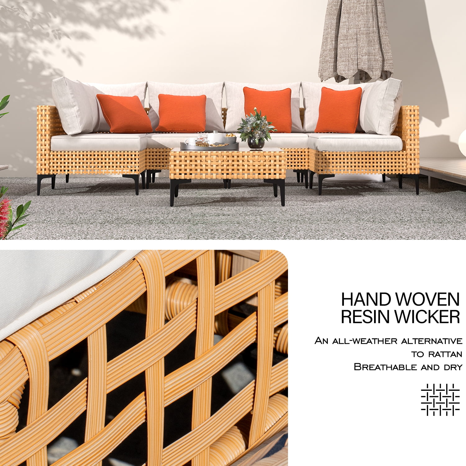7 Piece Outdoor Patio Furniture Set Modular Outdoor Furniture Set Wicker Outdoor Sectional Sofa with Cushions and Tea Table Patio Set for Balcony Porch Deck (Yellow Wicker, Beige Cushion)
