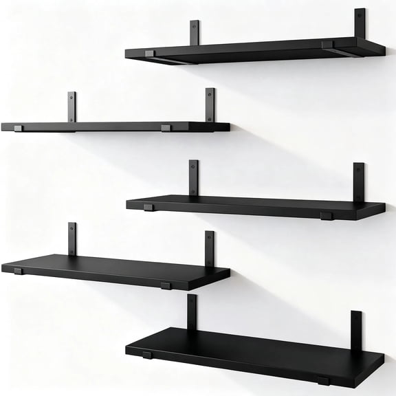 5-Tier Floating Wall Shelves, Black Wood, Set of 5, Rustic Storage Shelves with Metal Brackets