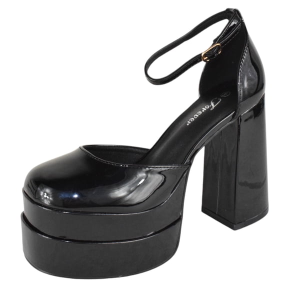 Forever Shoes Women Extra High Block Heels Platform Round Closed Toe Exotic Dancer Pumps Ankle Strap TWICE-13 Black Patent 5.5