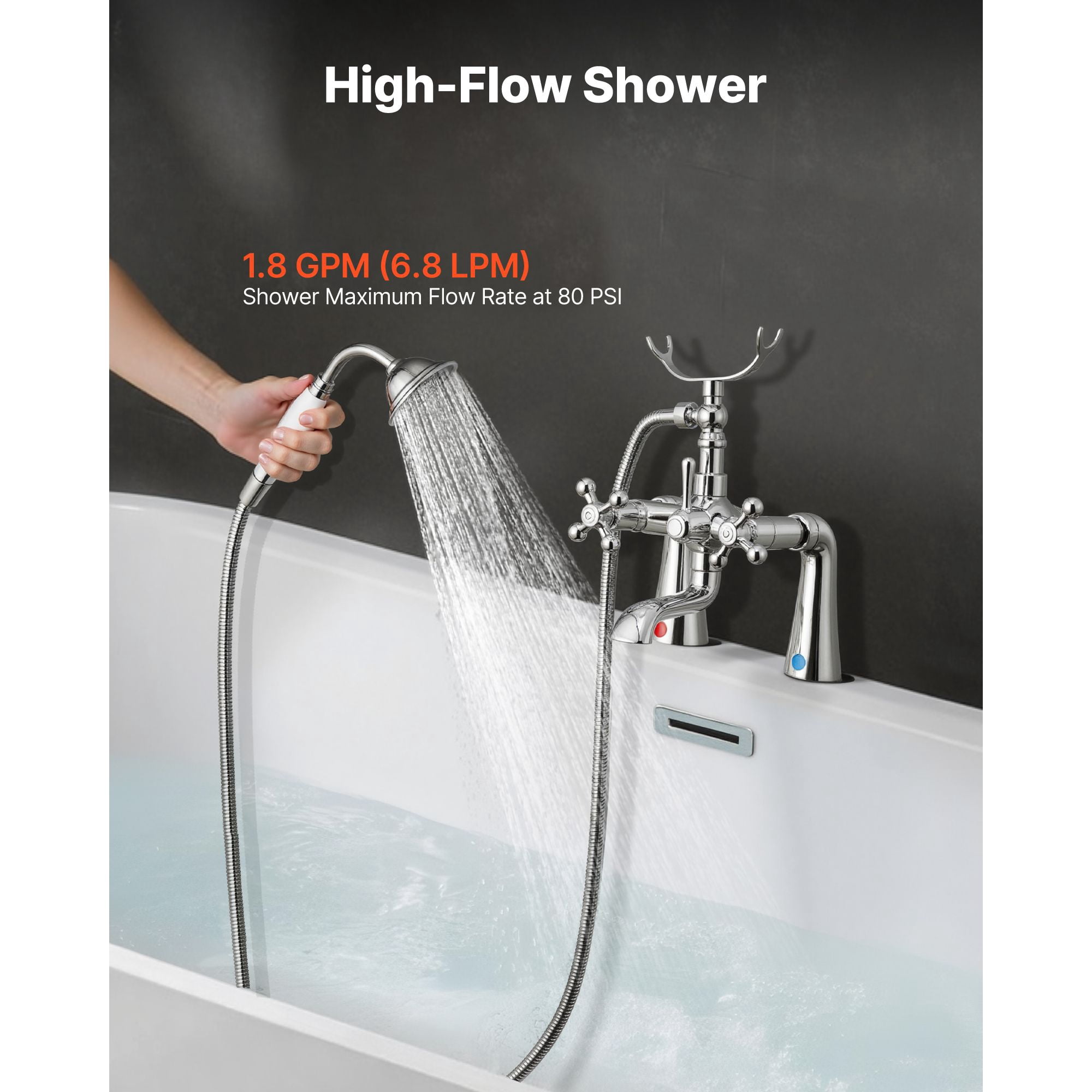 Clawfoot Tub Faucet with Handheld Shower, Solid Brass, Polished Chrome, Dual Handles, 360° Rotatable Spout, for Bathroom Renovation